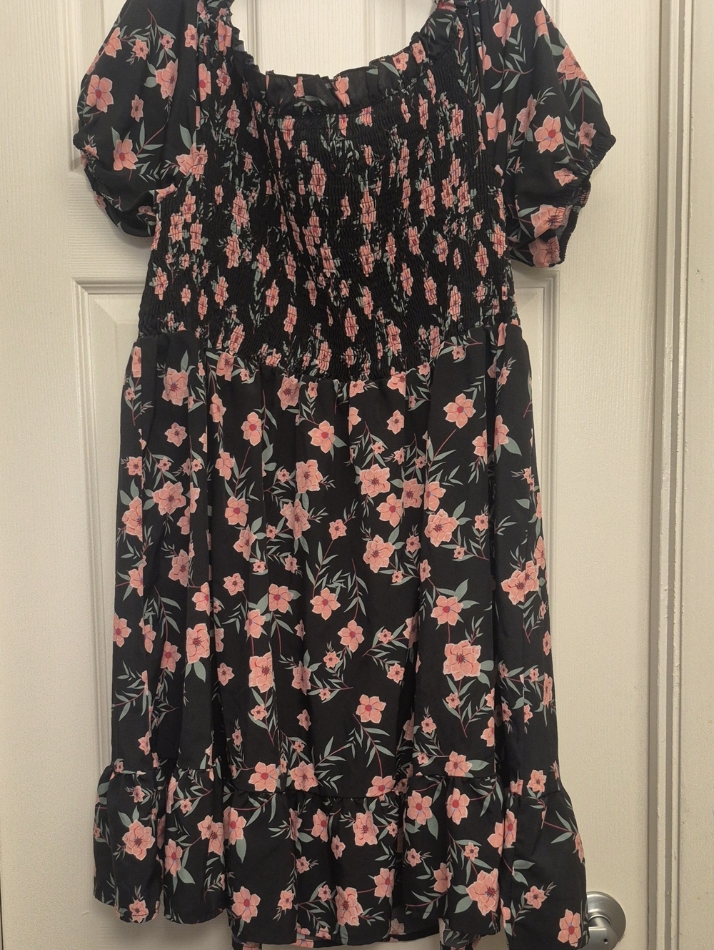 Floral Smocked Black & Pink Casual Dress